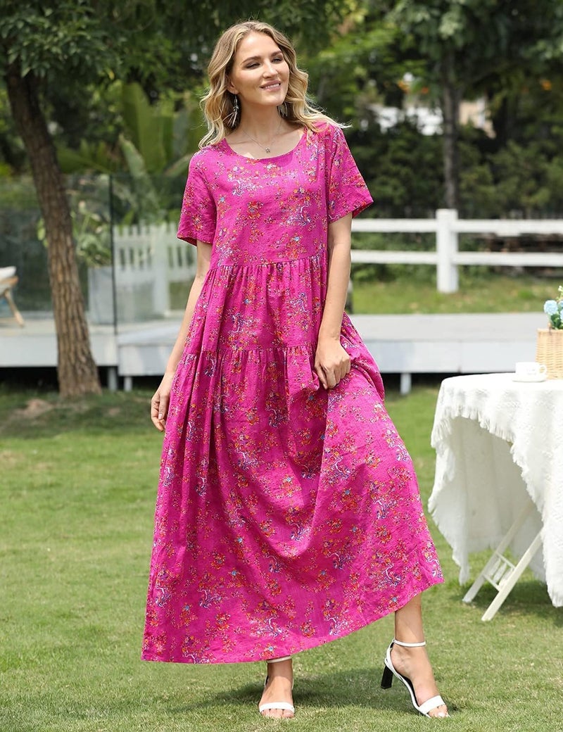 YESNO Women Casual Loose Bohemian Floral Dress with Pockets Short Sleeve Long Maxi Summer Beach Swing Dress 2XL EJF CR26 Pink - Image 3